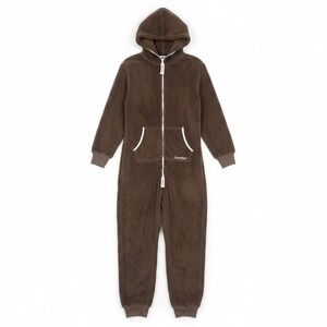 OnePiece Jumpin Jumpsuit Mens S Brown Teddy Fleece Hooded Full Zip Loungewear